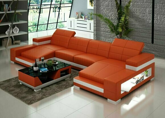 Ecksofa Sofa Wohnlandschaft U Form Polster Couch Ledersofa Orange Sofas Garnitur