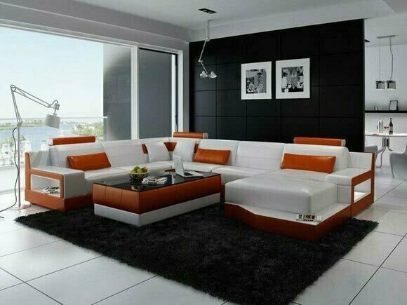 Ecksofa Sofa Wohnlandschaft U Form Polster Couch Ledersofa Weiß Orange Leder