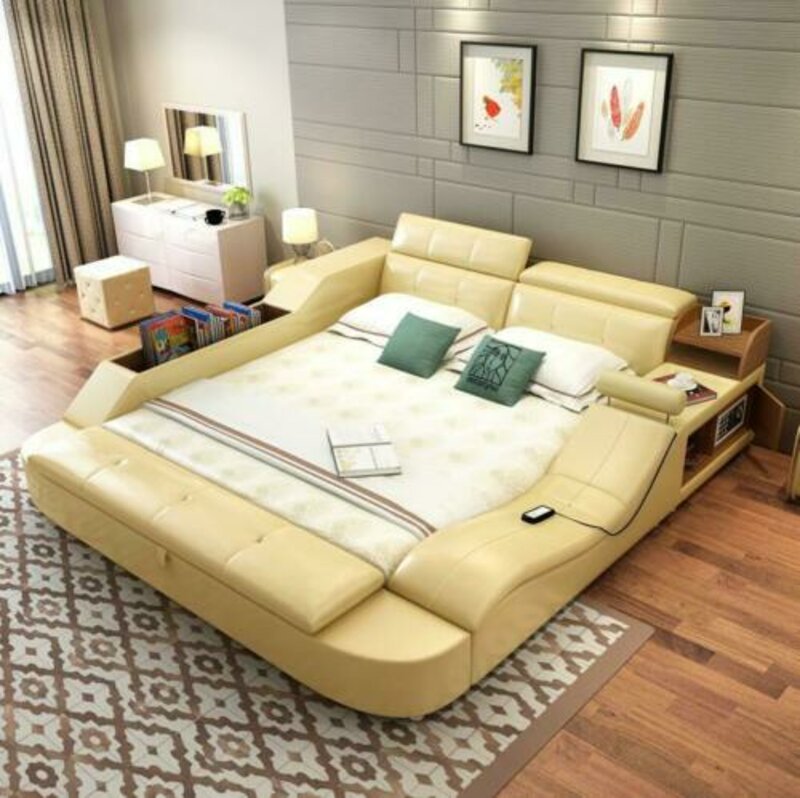 Multifunktions Bett Luxus Design Leder Betten Doppel Regal 180x200cm Save Tresor