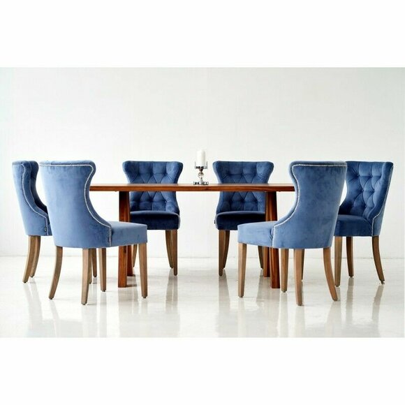 Holz Tisch + 6 Chesterfield Stühle Esszimmer Gruppe Stuhl Garnitur Polster Lehn