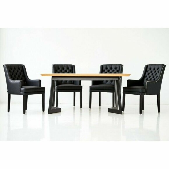 Tisch + 6 Chesterfield Stühle Esszimmer Gruppe Stuhl Garnitur Polster Lehn Holz