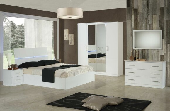 Design Schlafzimmer 6 tlg. Komplettes Set Bett Nachttisch Kommode Spiegel Holz