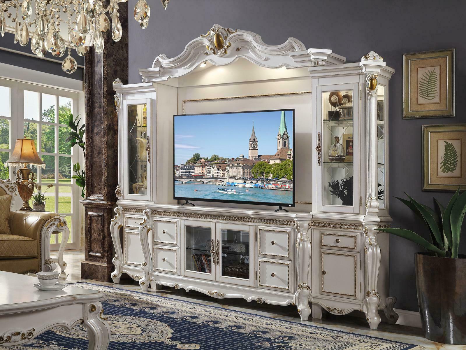 Fernseh Wand Klassisch Wohnwand Echt Handarbeit Holz Vitrine Regal Barock Rokoko