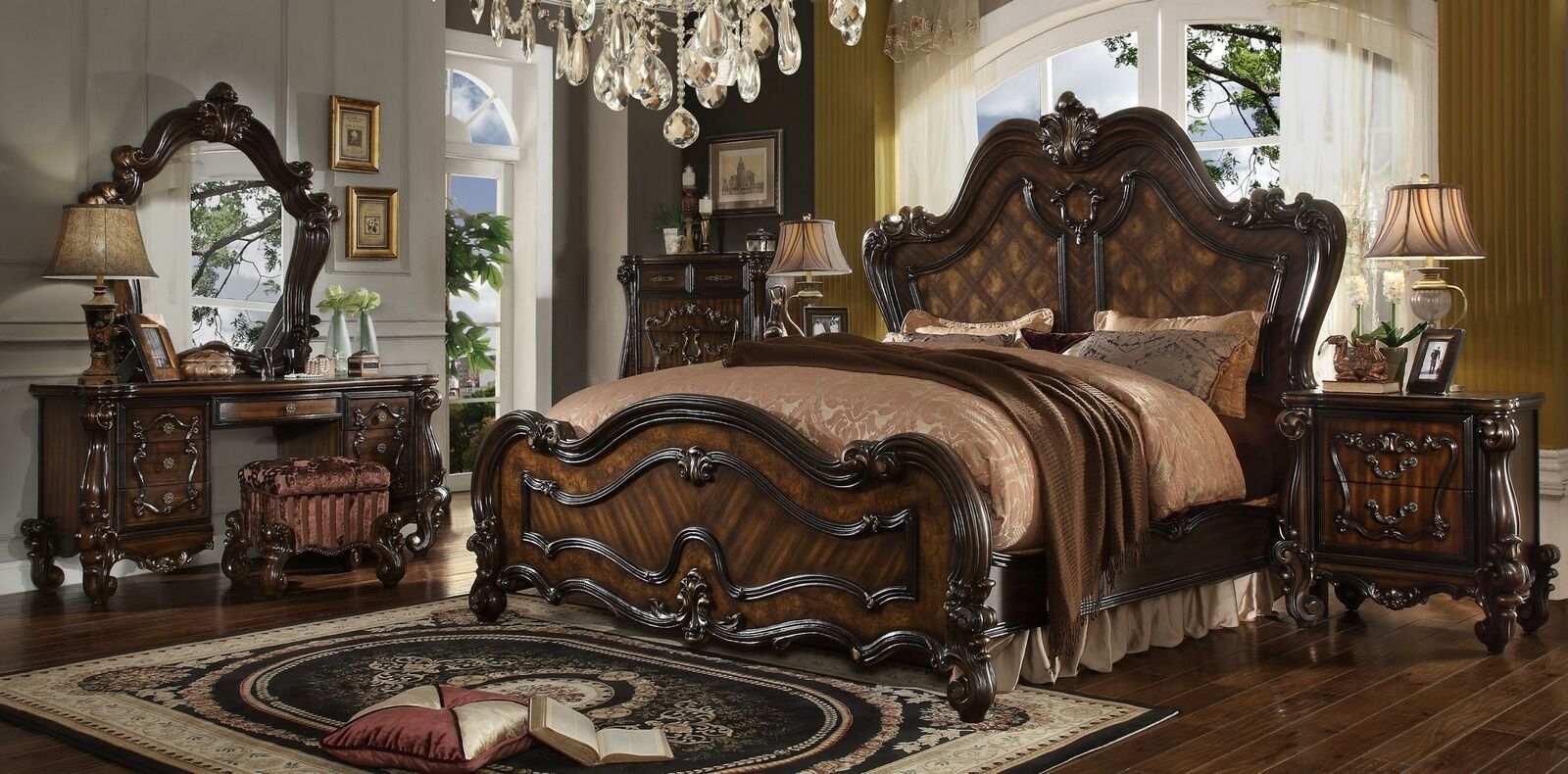Schlafzimmer Set Nachttische Bett 5tlg. Barock Rokoko Antik Stil Holz Bett neu