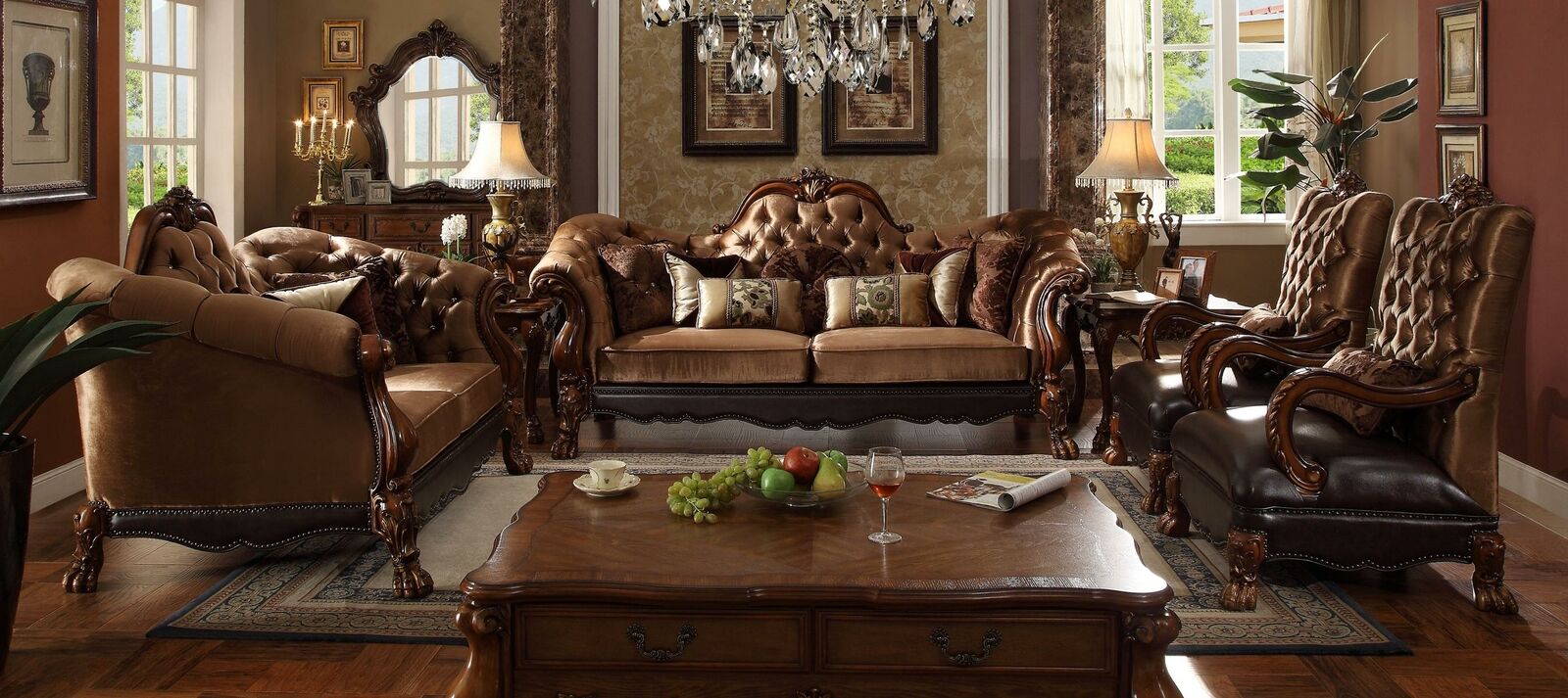 Komplett Set Sofagarnitur 3 2 1 1 Sitzer + Couchtisch Barock Holz Wohnlandschaft