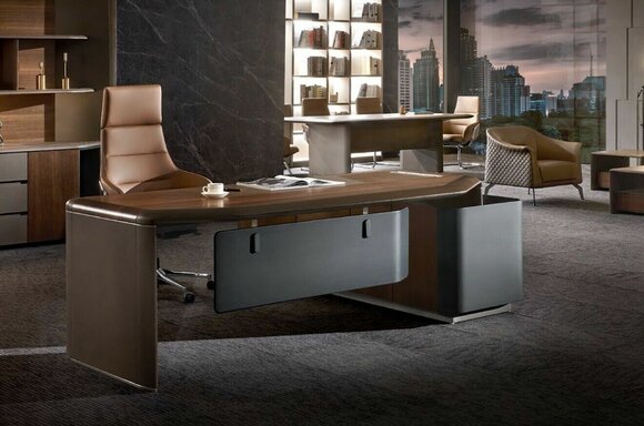 Schreibtisch Design Büro Möbel Einrichtung Tisch Chef Boss Eck Tische Leder Holz
