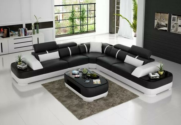 Design Möbel Eckcouch Ecksofa Wohnzimmer Lederpolster Couch Sofa L Form + Tisch