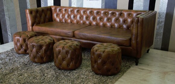 Chesterfield Hocker Stoff Design Couch Echtleder Modern Cognac 40x40 cm SOFORT