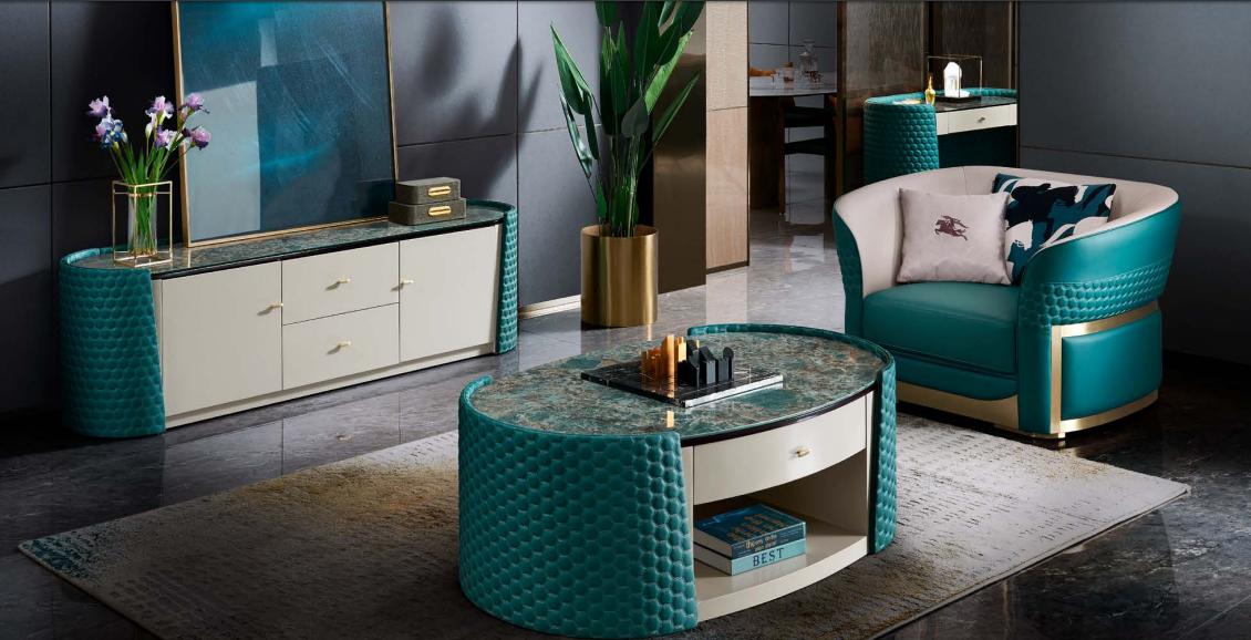 Couchtisch Unterschrank Holz Leder Turkis Modern Neu 2tlg. Design Möbel Luxus