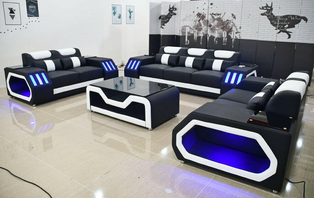 Ledersofa Sofagarnitur Beleuchtete Couch Set 3+2+2 + Tisch Sitz Design Polster