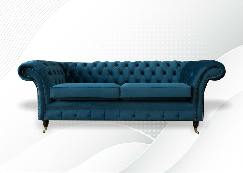 Chesterfield 3 Sitzer Blau Samt Möbel Modern Design Textil Wohnzimmer