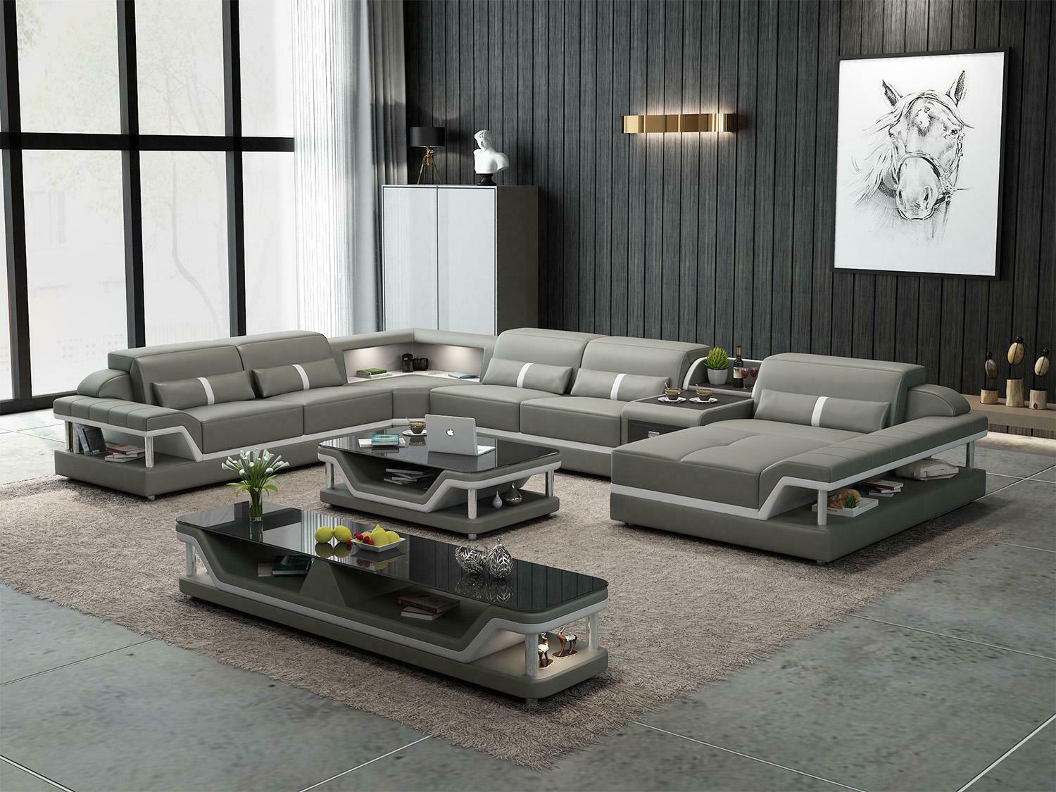 Ecksofa Beige mit Couchtisch 2tlg. Wohnzimmer Ledersofa Set Eckgarnitur Tisch