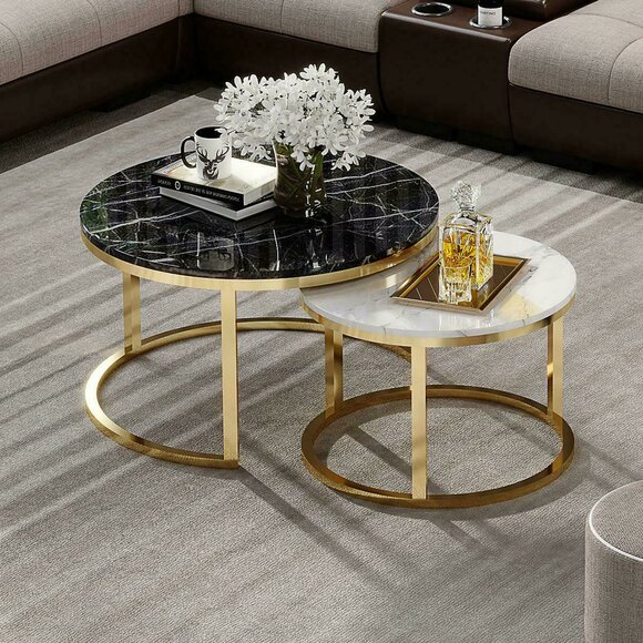 Rund Tisch Couch Marmor Runde Tische Beistell Naturstein Edelstahl Doppel Set 2x
