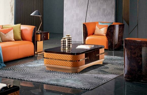 Couchtisch Tisch Leder Stein Sofa Beistell Luxus Tische Orange Wohnzimmer Neu