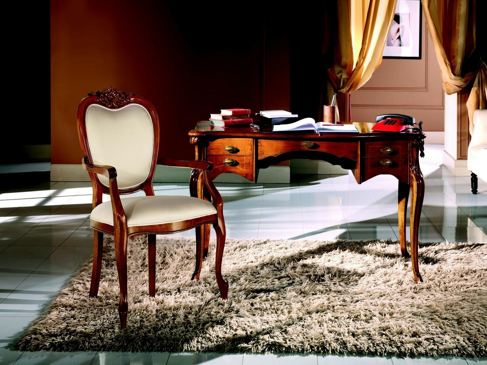 Holz Möbel Luxus Büro 2tlg Set Schreibtisch Sessel Italienische Luxus Möbel Barock Neu