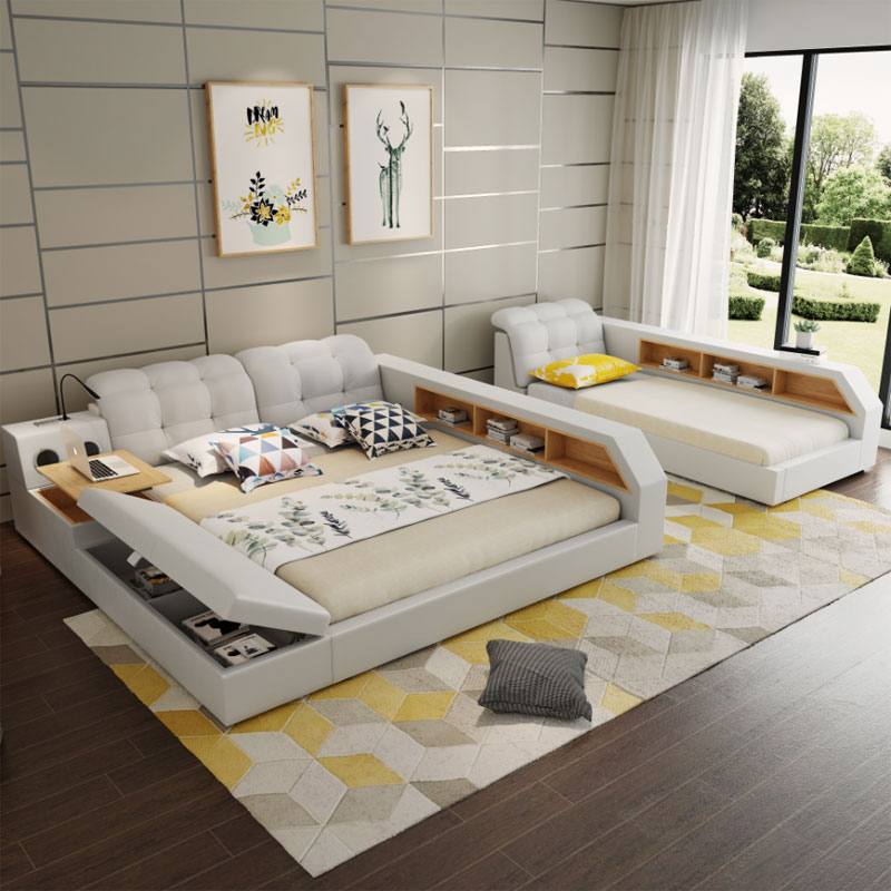 Design Leder Betten Hotel Doppel Ablage Regal 180x200 Multifunktions Bett Luxus