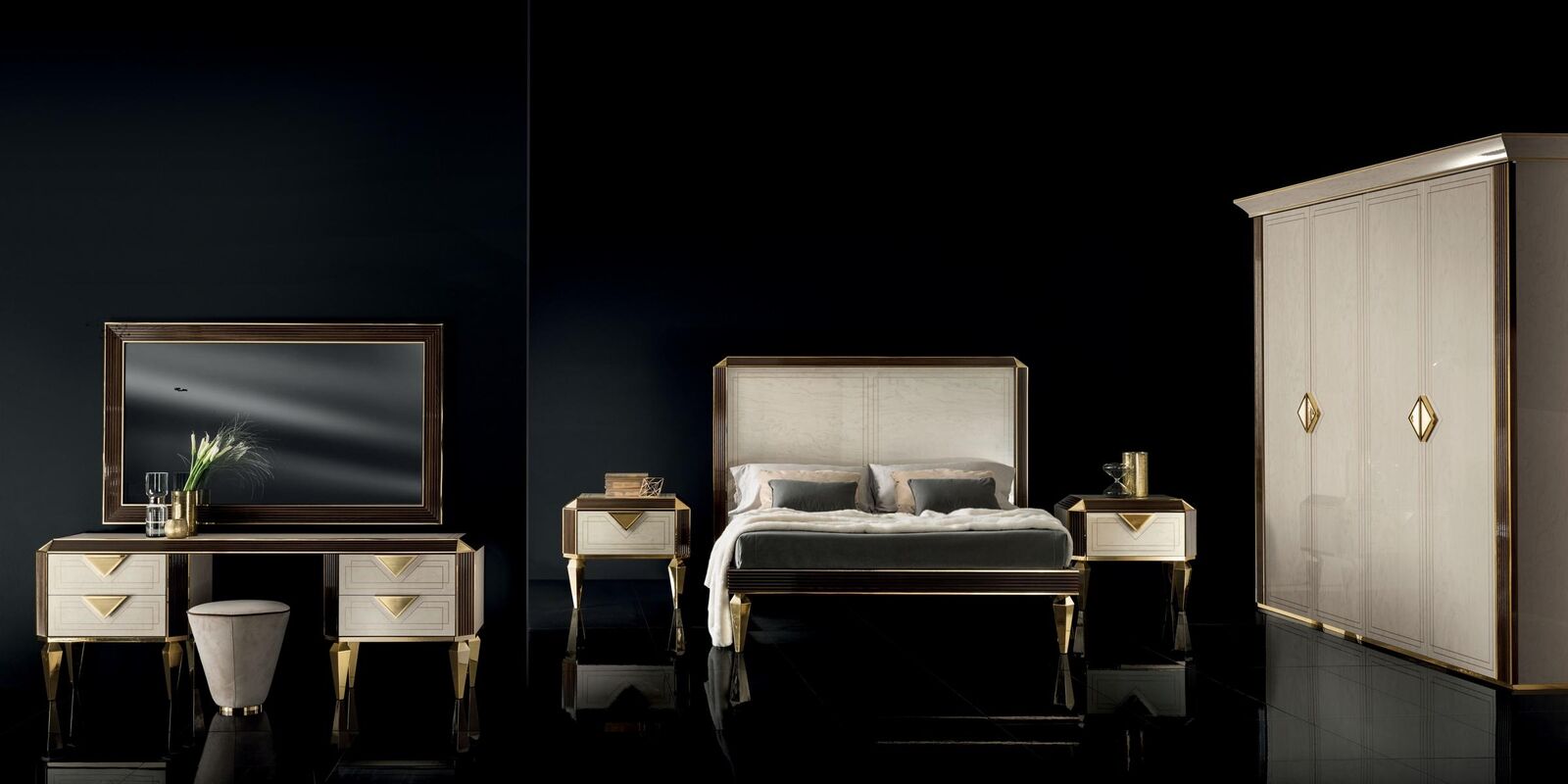Bett Nachttisch Kleiderschrank 7 tlg. Schlafzimmer Set Design Luxus Schlafzimmer
