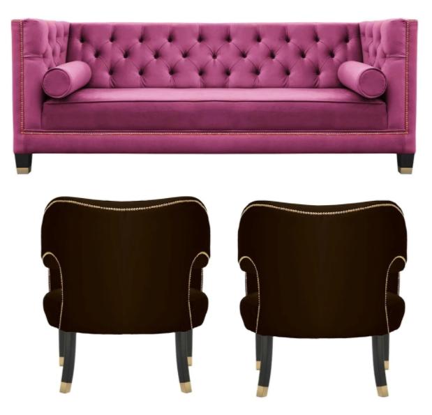 Rosa Chesterfield 2Sessel Schwarz Textil Modern Design Luxus Möbel Sofa Set Neu