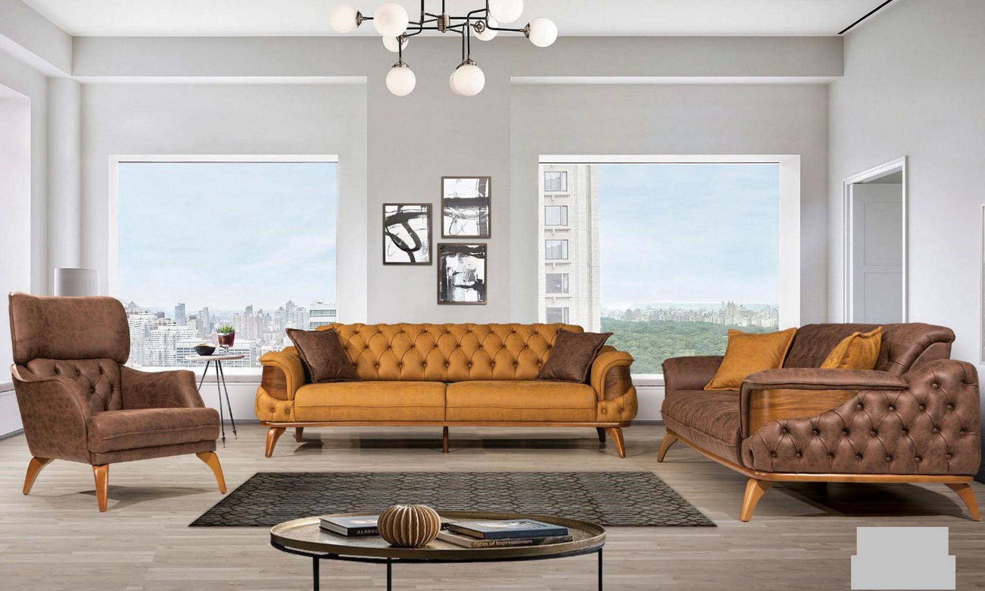 Luxus Sofagarnitur 331 Sitz Leder Chesterfield Sofa Sessel Braun Sofas Set 3tlg