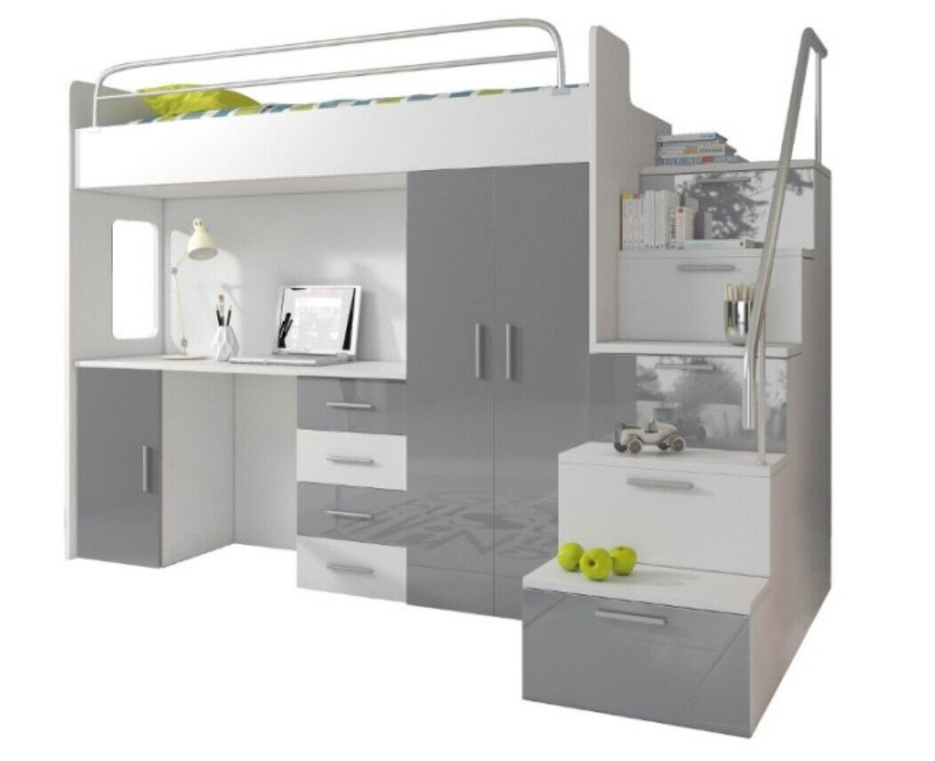 Doppelstockbett Grau Tisch Schrank Multifunktion Etagen Hochbett Kinderzimmer