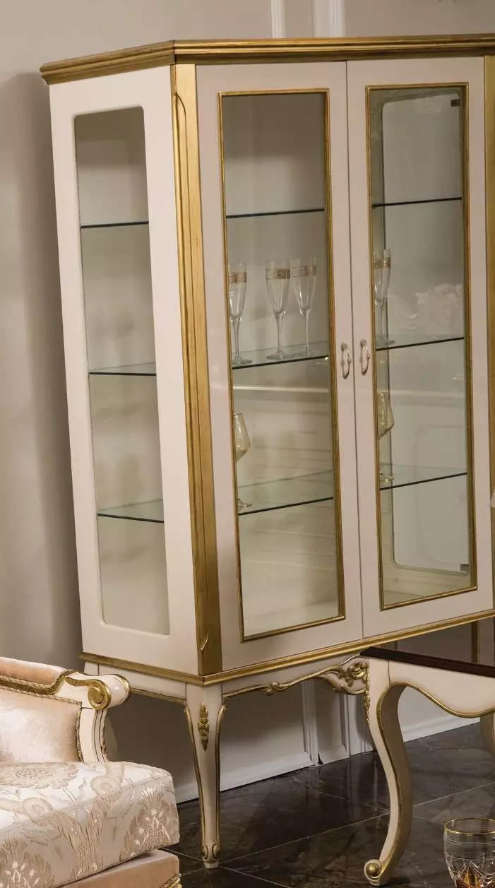 Vitrine Holz Möbel Schrank Vitrinen Barock Rokoko Gold Weiß Glasschrank