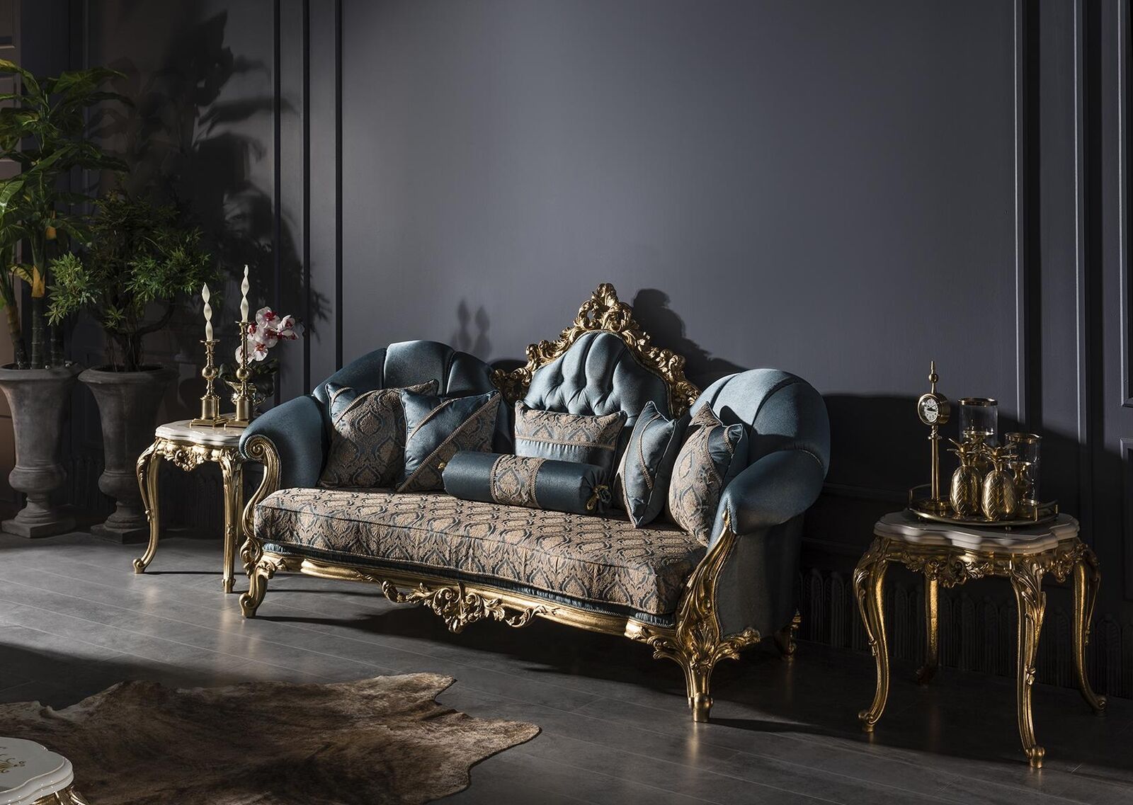 Wohnzimmer Set Blau Sofa 3 Sitzer Elegantes 2x Beistelltisch Design Neu 3tlg.