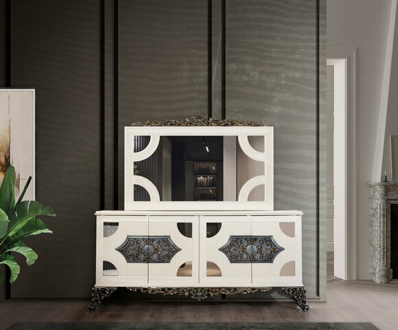 Kommoden Schrank mit Spiegel Edle Kommode Buffet Barock Rokoko Holz Anrichte