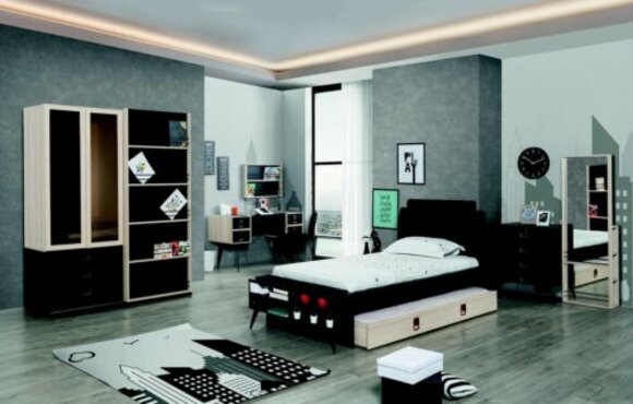 Modernes Jugendzimmer Set Bett Nachttisch Kleiderschrank Wandregal Schwarz 6tlg.