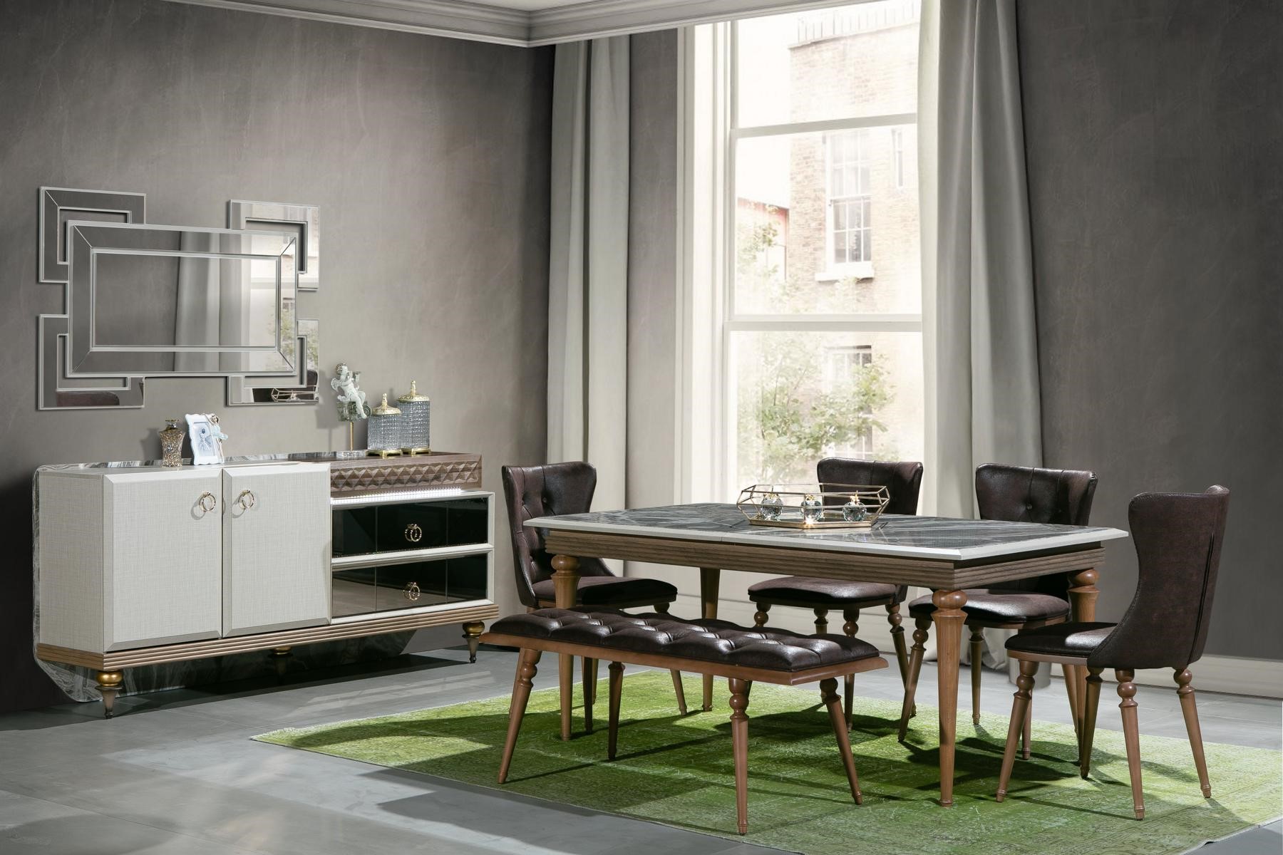 Esszimmer Set Bank Tisch Stühle Essgruppe Tischgarnitur Sideboard 6tlg.