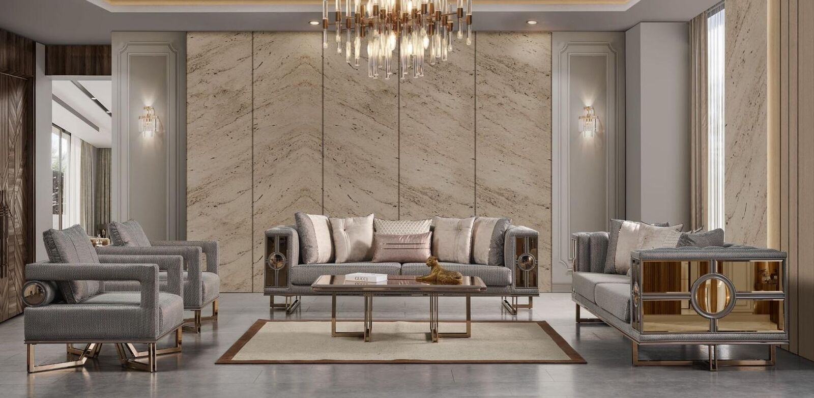 Couchgarnitur Sofagarnitur Dreisitzer Sessel Sofa Couchtisch Grau 5tlg