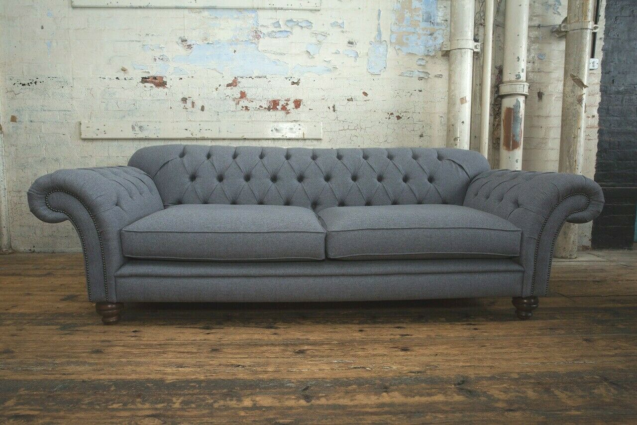 klassische Sofa Chesterfield Couch 4 Sitzer Couchen Samt Leder Design Grau 240cm