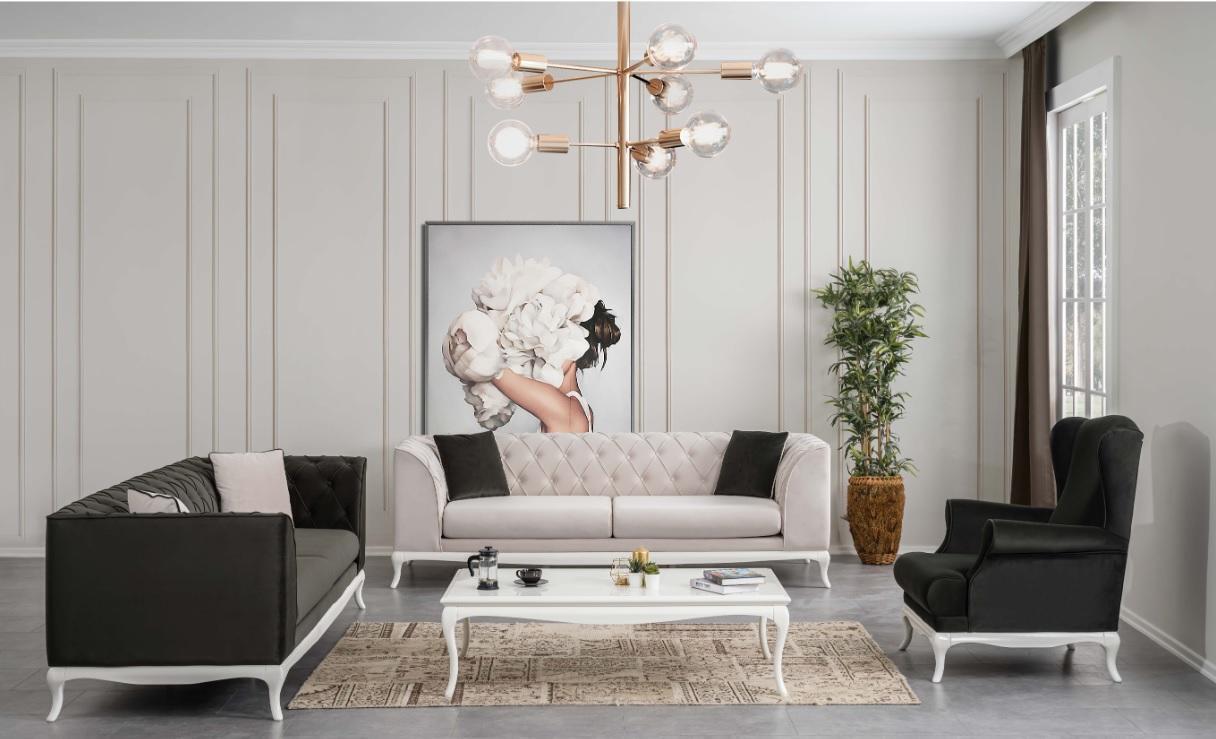 Komplette Chesterfield Couch Polstersofas Set 3tlg Stoffsofa Schwarz