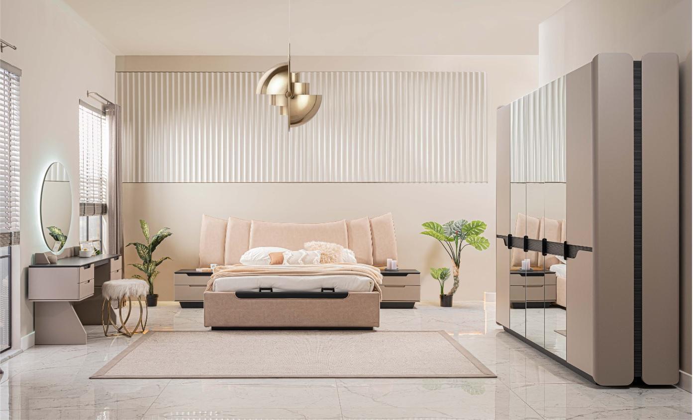 Komplette Schlafzimmer Doppelbett Modern Beige Bett Set 6tlg Schrank