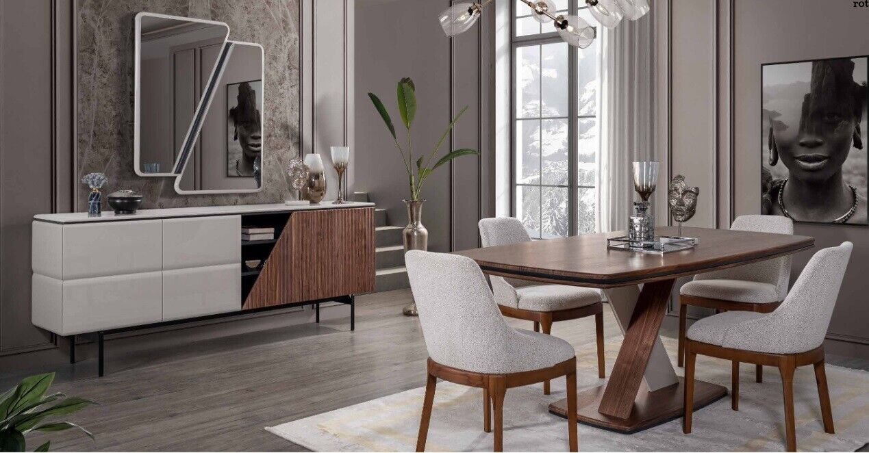 Braun-Graue Esszimmer Garnitur Esstisch 4x Stühle Kommode Spiegel 7tlg