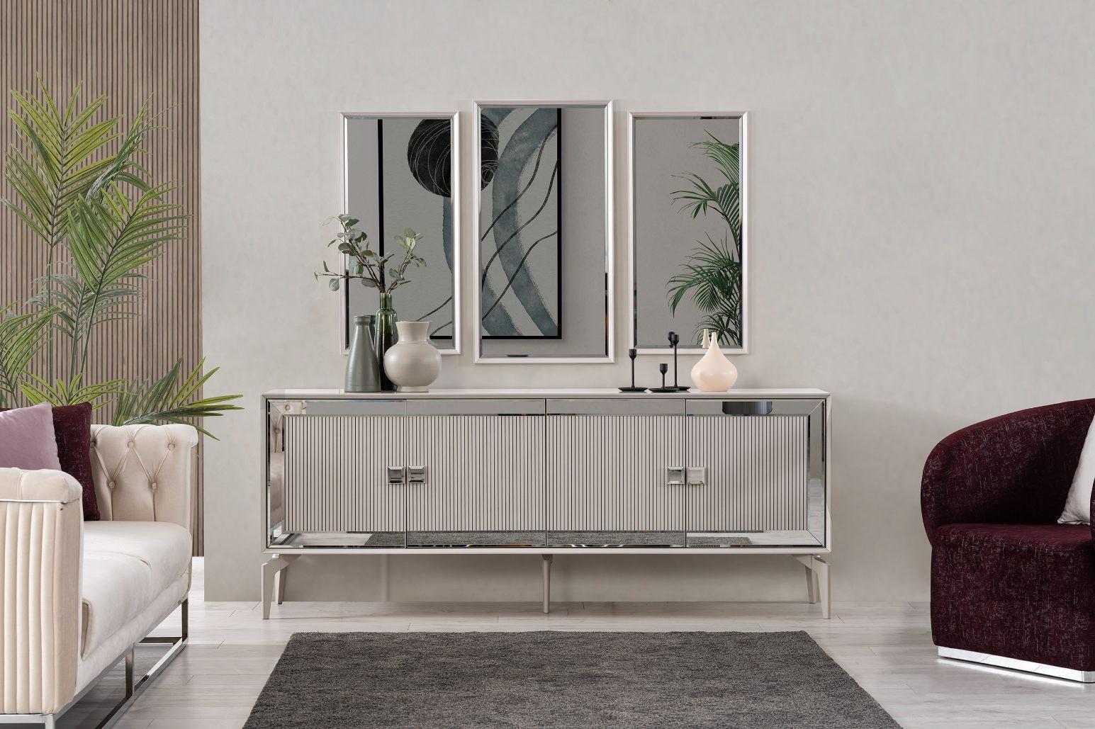 Anrichte Sideboard mit Spiegel Gruppe Kommode Holz Silber Esszimmer