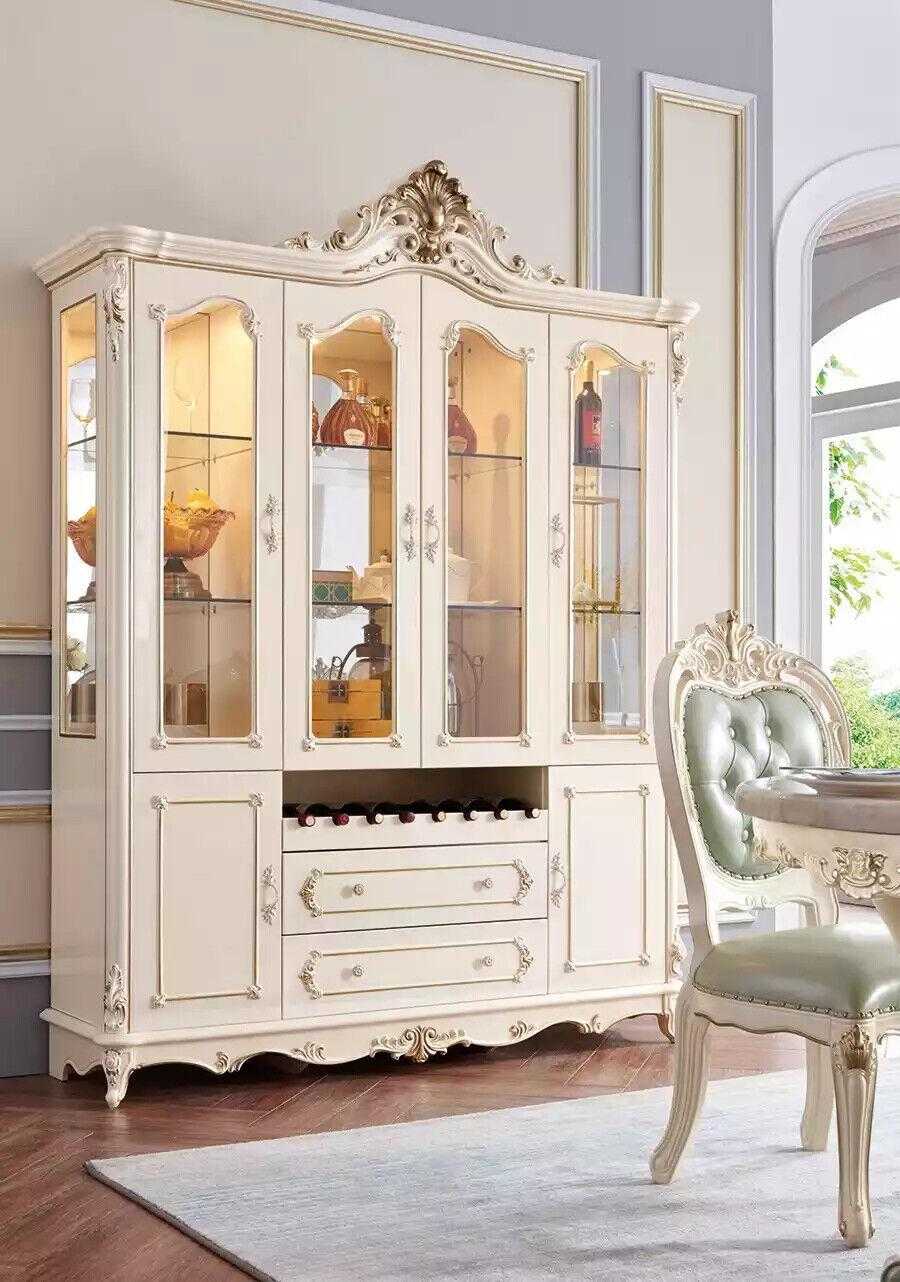 Vitrine Holz klassische Wohnzimmermöbel neue Luxus Interieur perlweiß