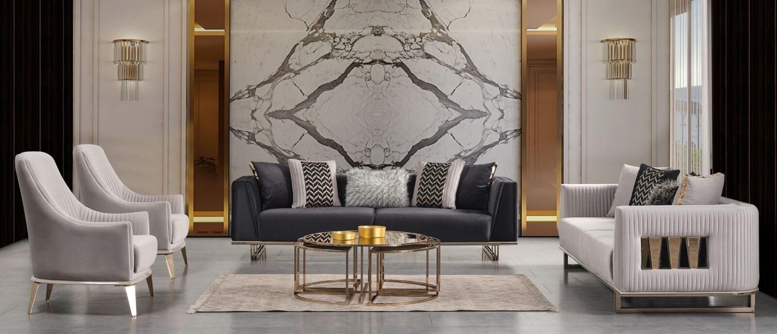 Couchgarnitur Sofagarnitur Dreisitzer Sessel Grau Stoffsofa Set 4tlg