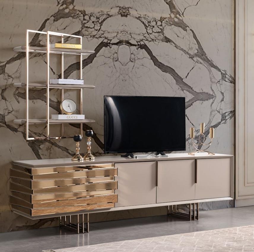 RTV Lowboard TV Ständer Sideboard Beige Gold Wohnzimmer Set Regale Neu
