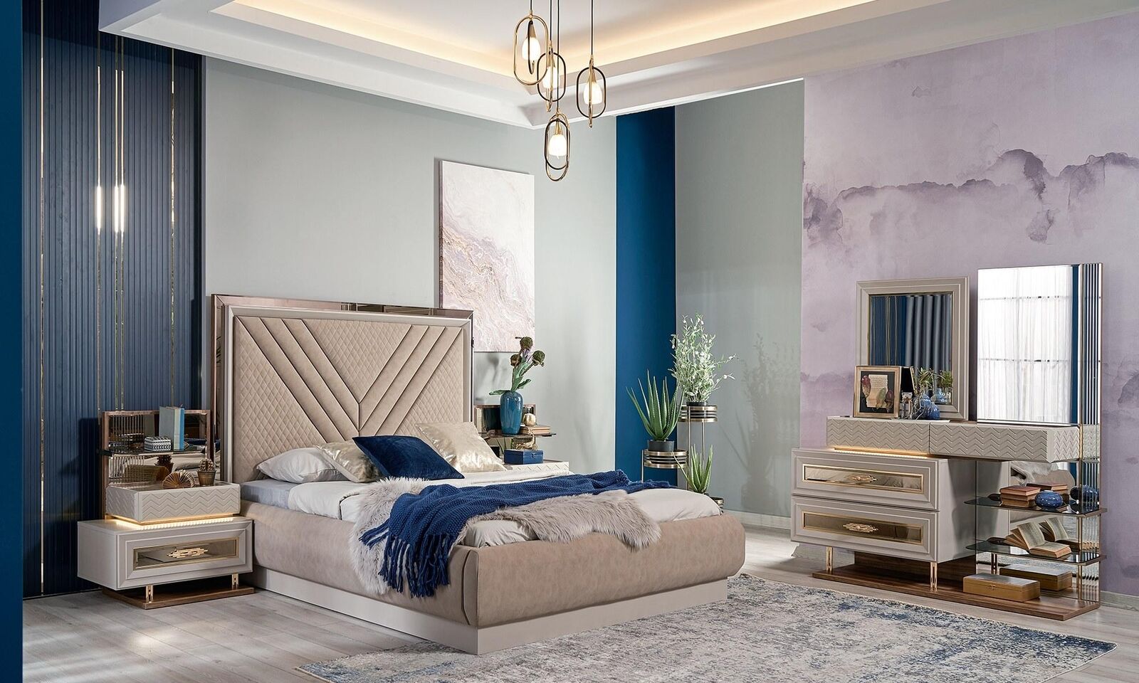 Doppelbett Komplette Schlafzimmer Bett Beige 4tlg Holz Schminktisch