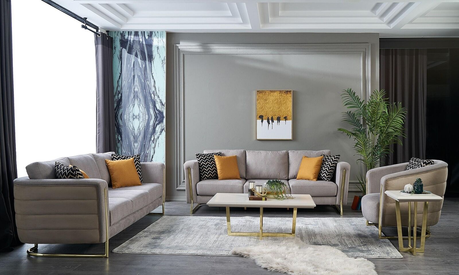 Couchgarnitur Stoffsofa Sofagarnitur Polstersofa Grau Modern Set 3tlg