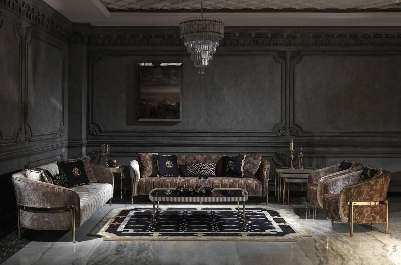 Wohnzimmer Sofagarnitur Dreisitzer Sessel Beige Stoffsofa Couchtisch