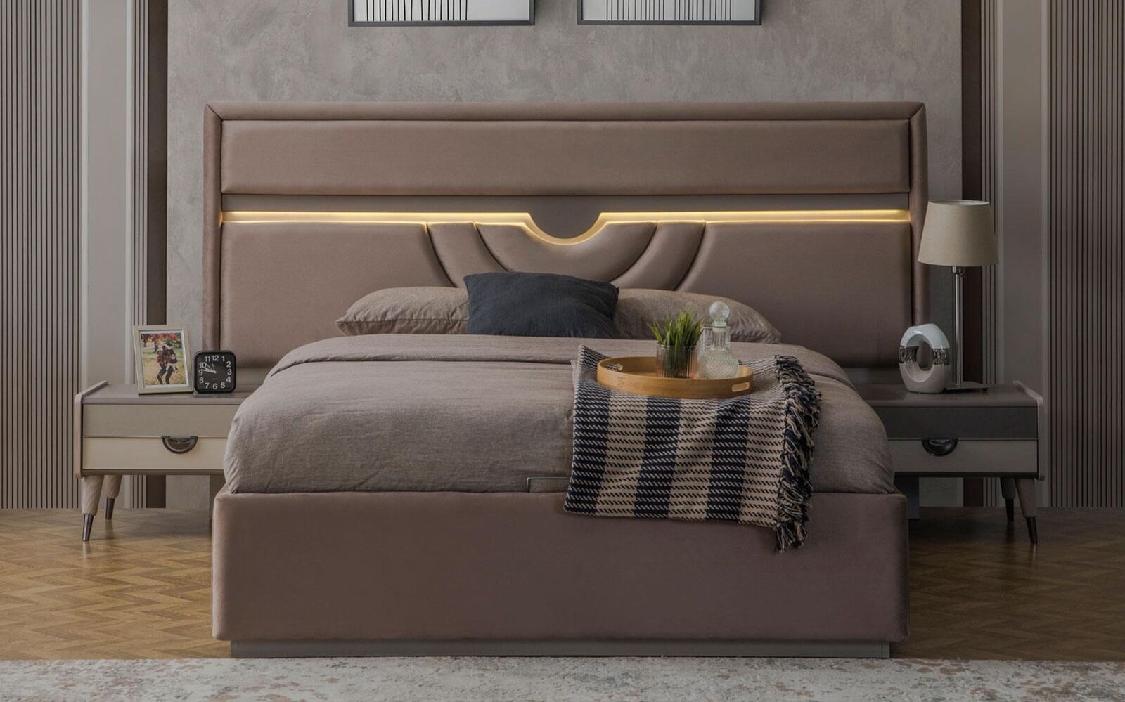 Doppelbett Schlafzimmer Bett Nachttische Beige Set 3tlg Bettkasten