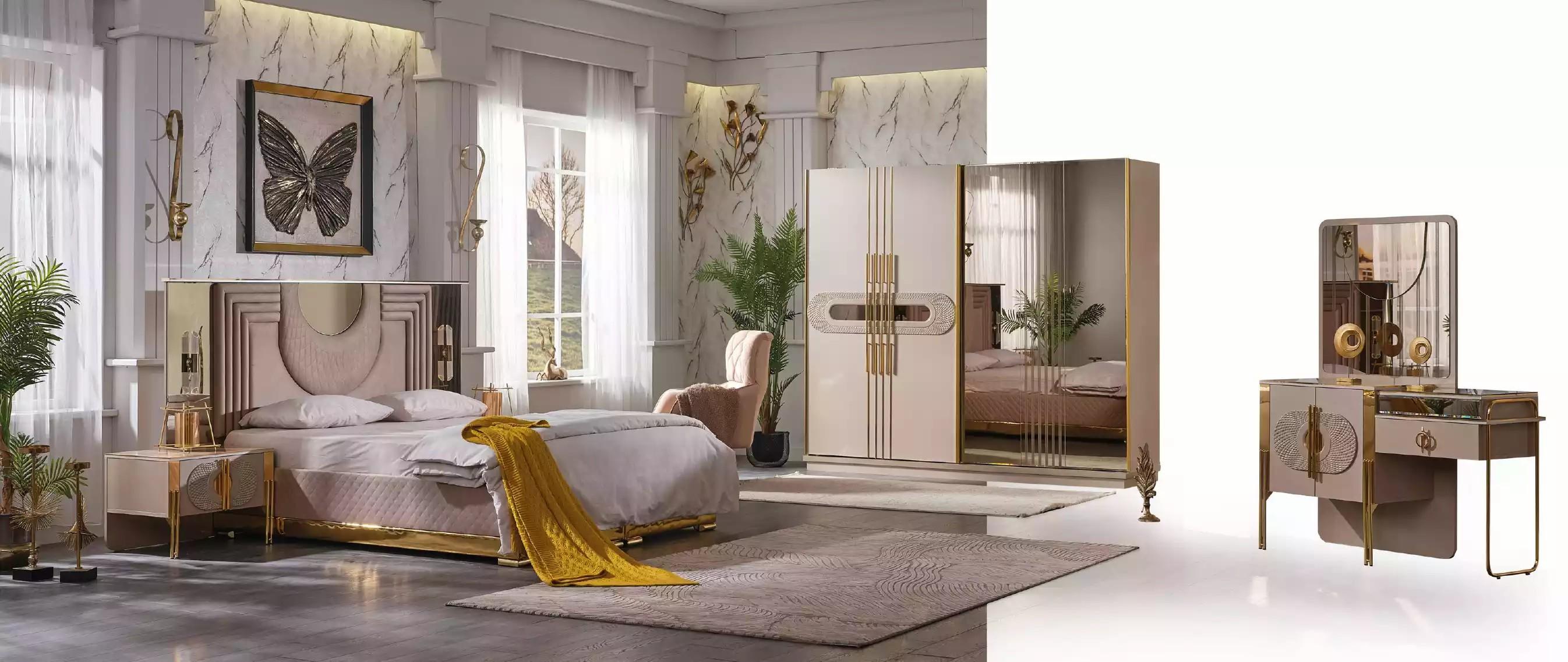 Beiges Schlafzimmer Set Bett 2x Nachttische Kleiderschrank Schminktisch