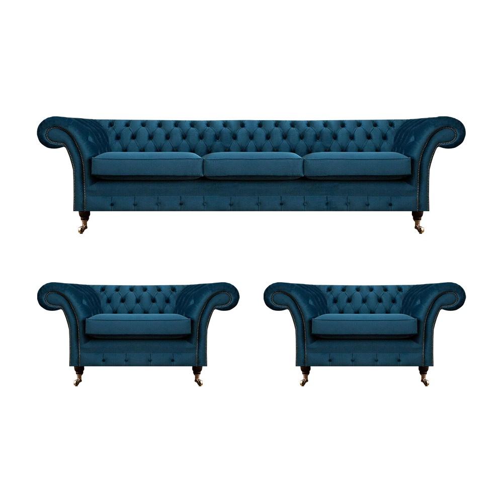 Luxus Blau Wohnzimmer Set Chesterfield Einrichtung Polstermöbel Sofas Textil