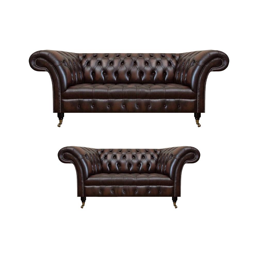 Chesterfield Braun Sofa Set Dreisitzer Sofa Couch Zweisitzer Wohnzimmer Neu