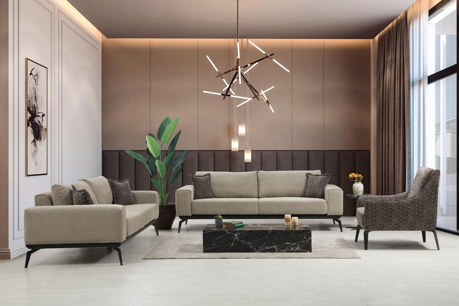 Beige Stoffsofas Komplette Garnitur Dreisitzer Polstersofas Lehnsessel