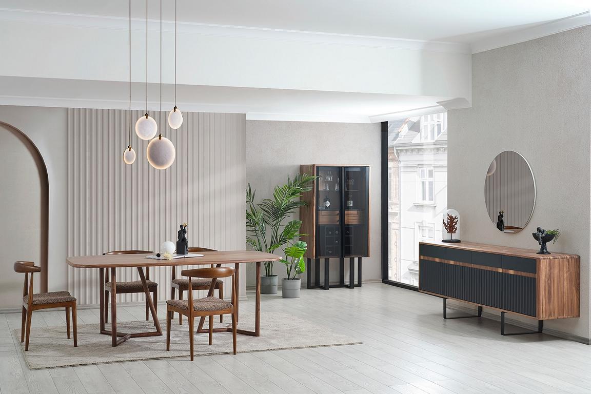 Braune Luxuriöse Esszimmer Garnitur Holztisch 4x Polsterstühle Kommode