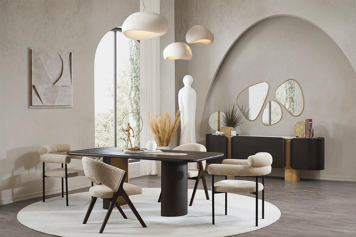 Schwarz-Beige Esszimmer Garnitur Rechteckiger Esstisch 4x Stühle Spiegel