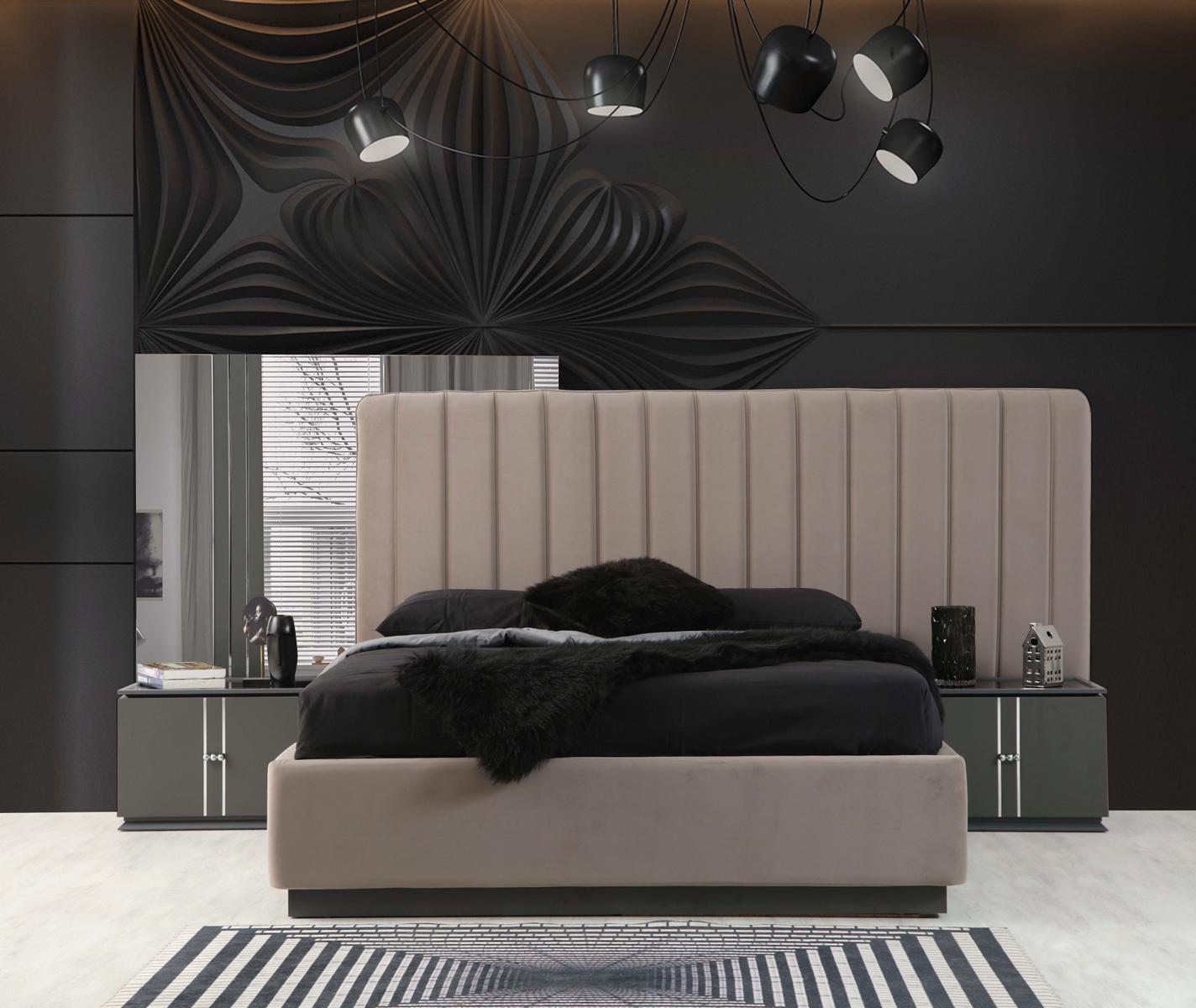Grau-Beige Schlafzimmer Garnitur Modernes Designer Bett 2x Nachttische