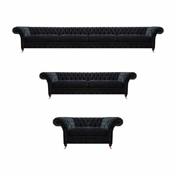 Chesterfield Schwarze Textilgarnitur Viersitzer Couch Zweisitzer Sessel